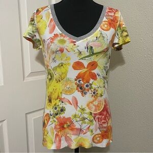 MARC CAIN printed t-shirt with fruit, flowers, and birds